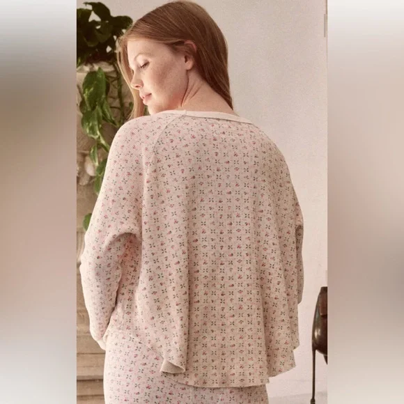 THE GREAT. Floral Long Sleeve Tee - Cream and Pink - Picture 3 of 6